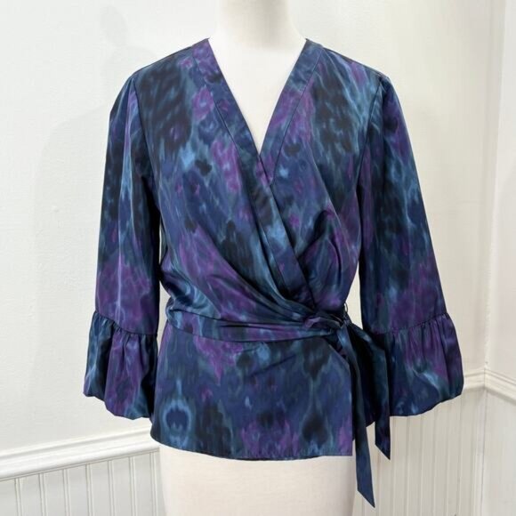 Lafayette 148 Size 10 Wrap Top Blouse Purple Blue Bell Sleeve Career Luxe Artsy - Picture 1 of 14